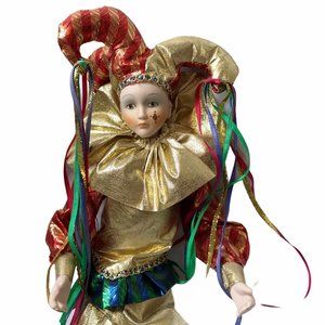 Porcelain Doll Clown Jester Gold Red Streamers 15"